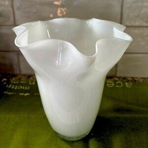 Vintage Blown Glass WHITE FLUTED RIM Vase Ruffle Wavy 8H